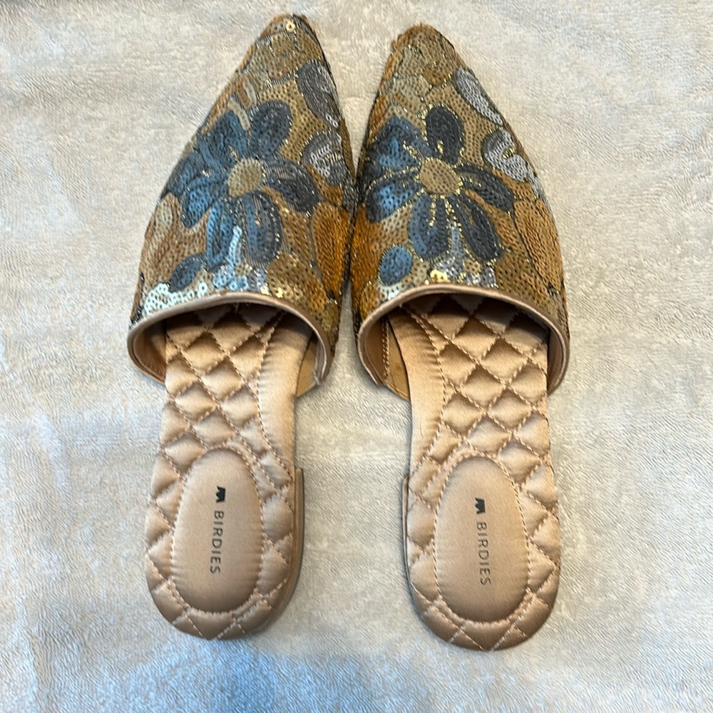 Birdies “The Dove” gold sequin mules